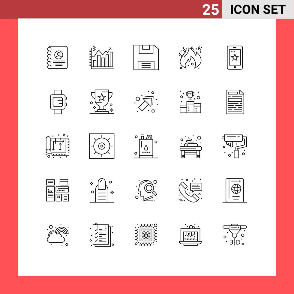 interface utilisateur pack de 25 lignes de base d'éléments de conception vectoriels modifiables de danger de flamme de graphique mobile cellulaire vecteur