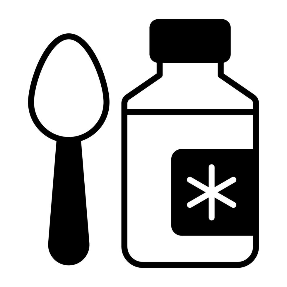 cuillère avec bouteille de sirop indiquant les soins de santé et l'icône médicale vecteur