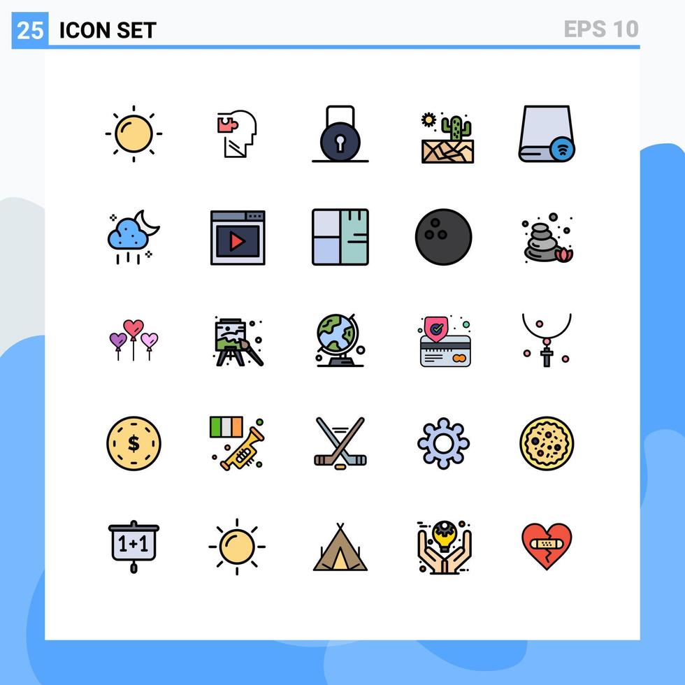 25 interface utilisateur ligne remplie paquet de couleurs plates de signes et symboles modernes de dispositifs de gadget verrouiller les ordinateurs soleil éléments de conception vectoriels modifiables vecteur