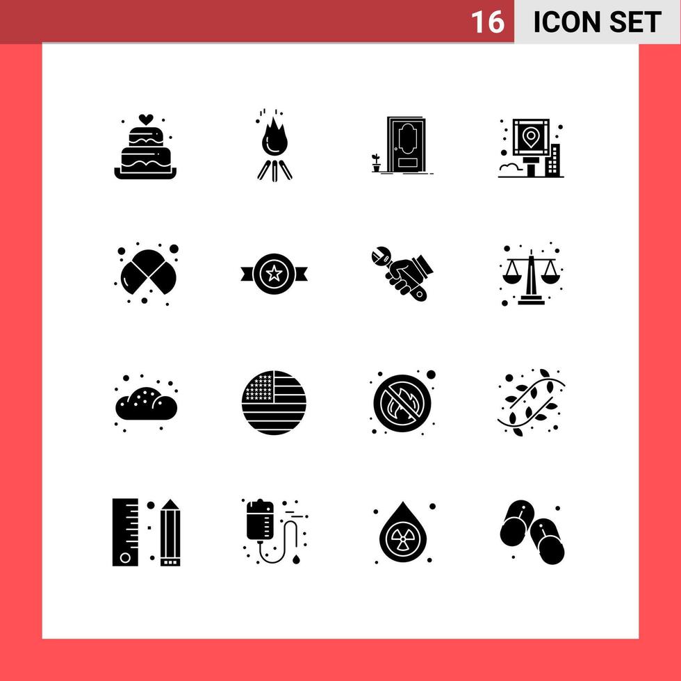 ensemble de 16 glyphes solides vectoriels sur la grille pour les éléments de conception vectoriels modifiables de l'usine de guide de camp de navigation d'itinéraire vecteur