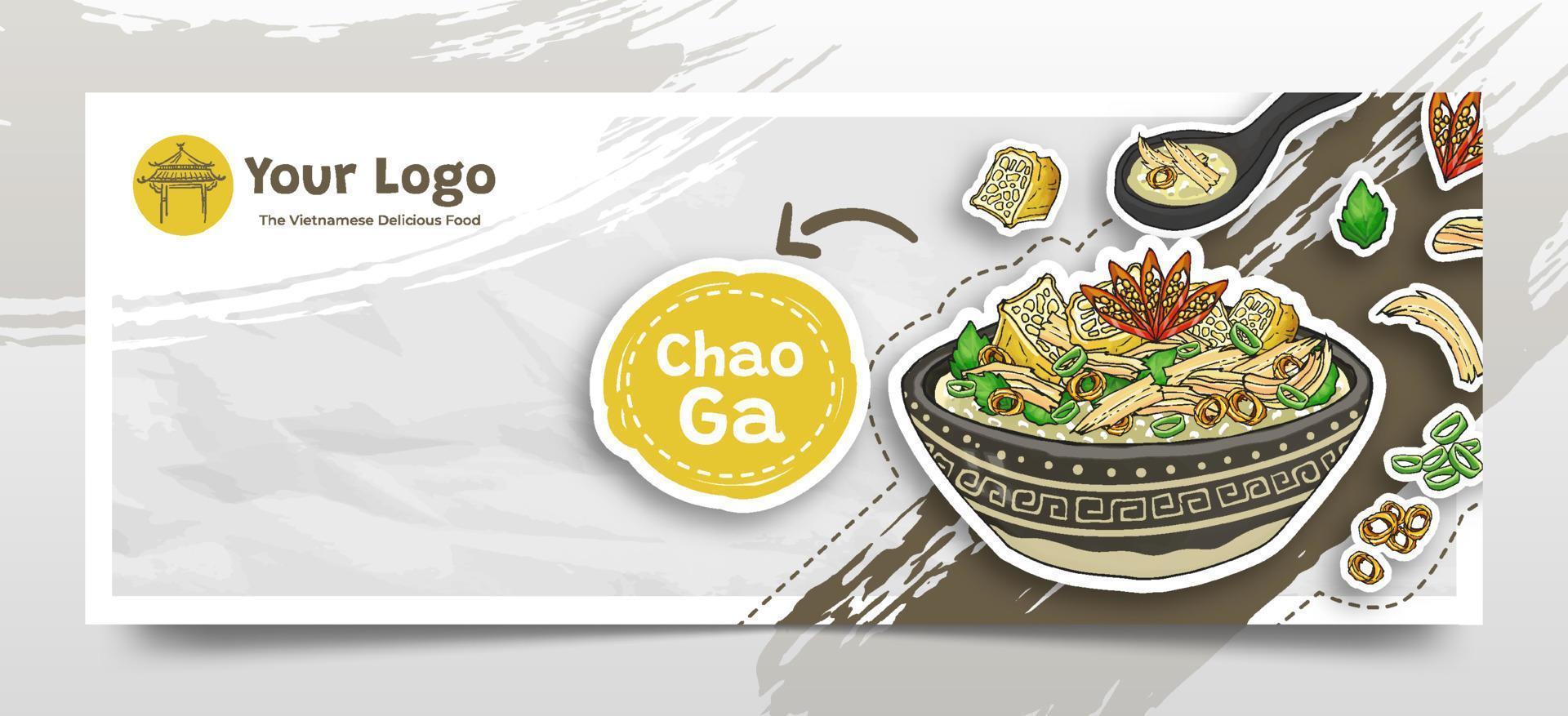 doodle dessiné à la main chao ga comme fond d'en-tête de médias sociaux de nourriture vietnamienne vecteur