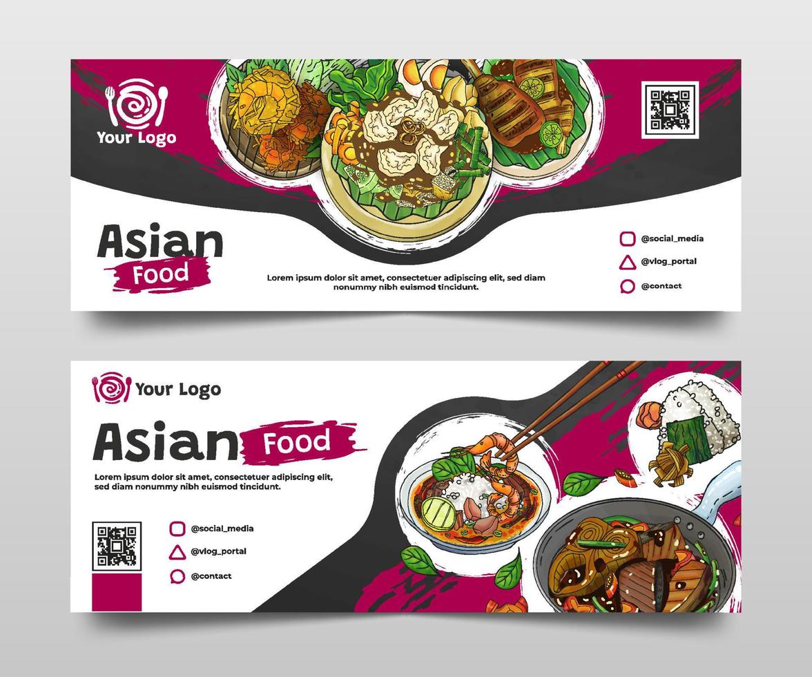 doodle collection de bannières horizontales de cuisine asiatique dessinée à la main vecteur