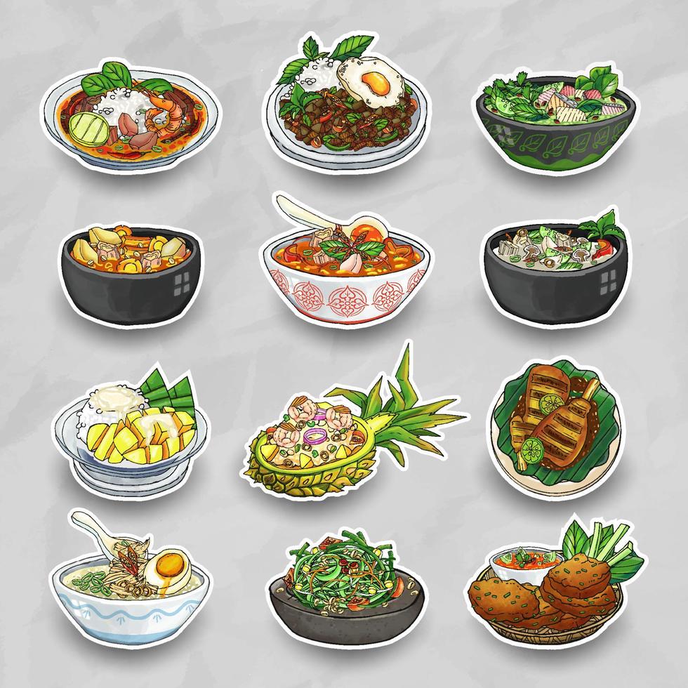 doodle pack de collection d'autocollants de cuisine thaïlandaise dessinés à la main vecteur