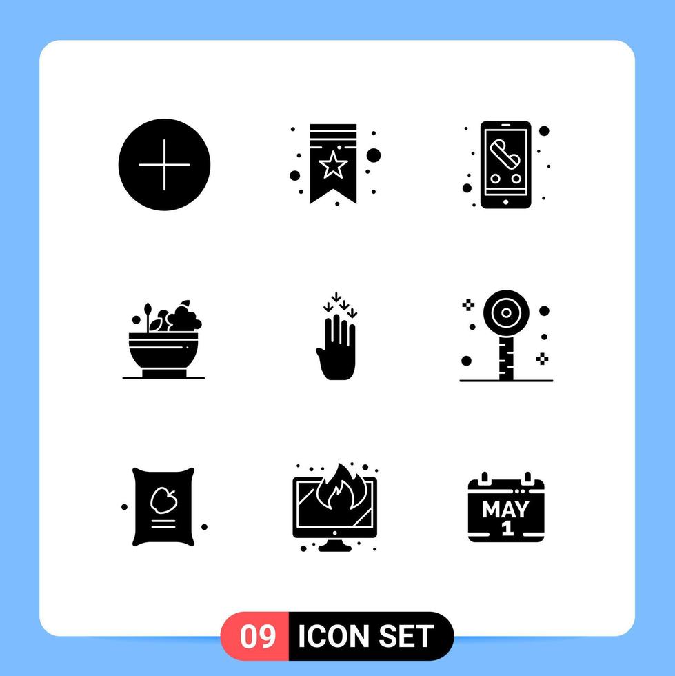 ensemble de 9 glyphes solides vectoriels sur la grille pour les éléments de conception vectoriels modifiables de médecine de bol mobile de doigt de geste vecteur