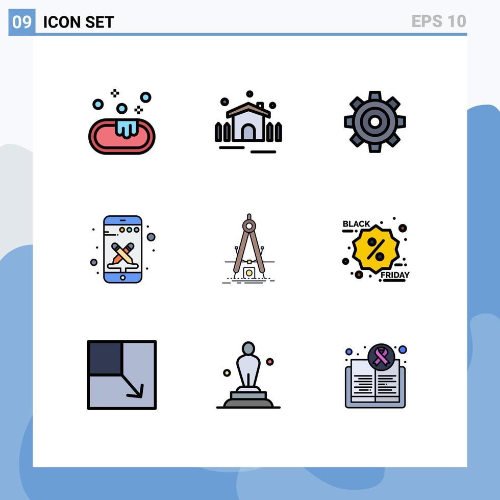 ensemble moderne de 9 pictogrammes de couleurs plates remplies d'outils de mesure conception générale de téléphone intelligent éléments de conception vectoriels modifiables vecteur