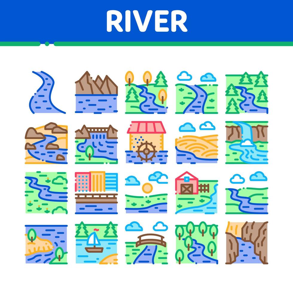 vecteur de jeu d'icônes de collection de paysage fluvial