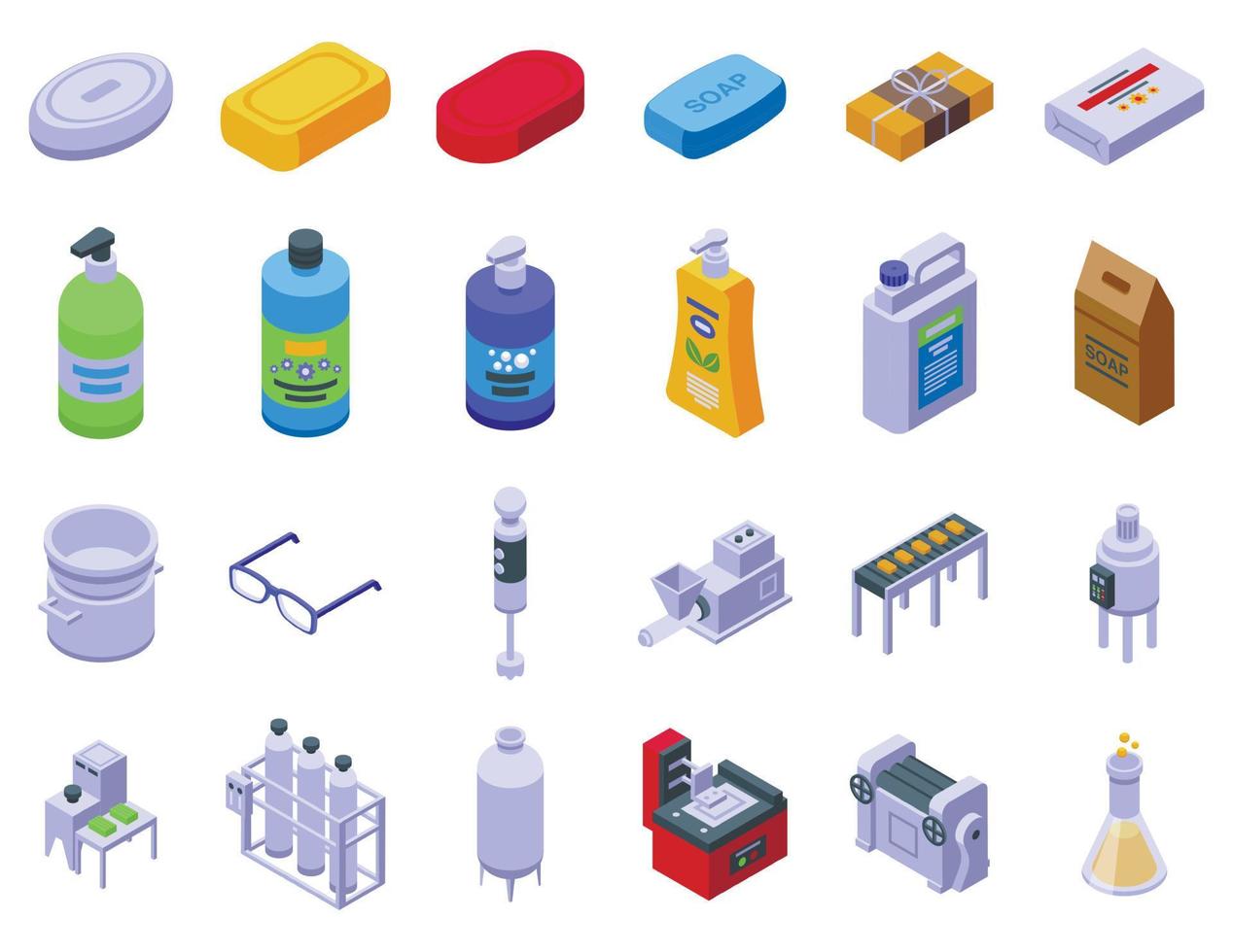 les icônes de production de savon définissent un vecteur isométrique. industrie chimique
