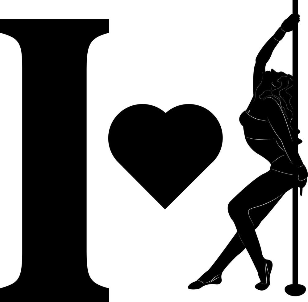 j'adore la pole dance. silhouette d'une fille et d'un poteau. logo. aptitude. pylône. vecteur