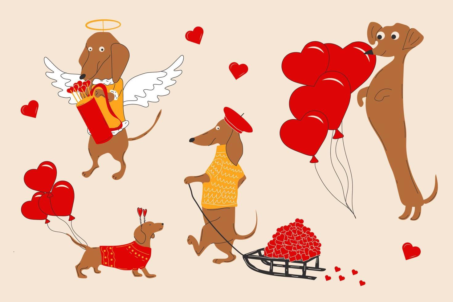 les chiens teckels tirent un coeur, des valentines sur un traîneau et décorent des ballons en forme de coeur. illustration vectorielle vecteur