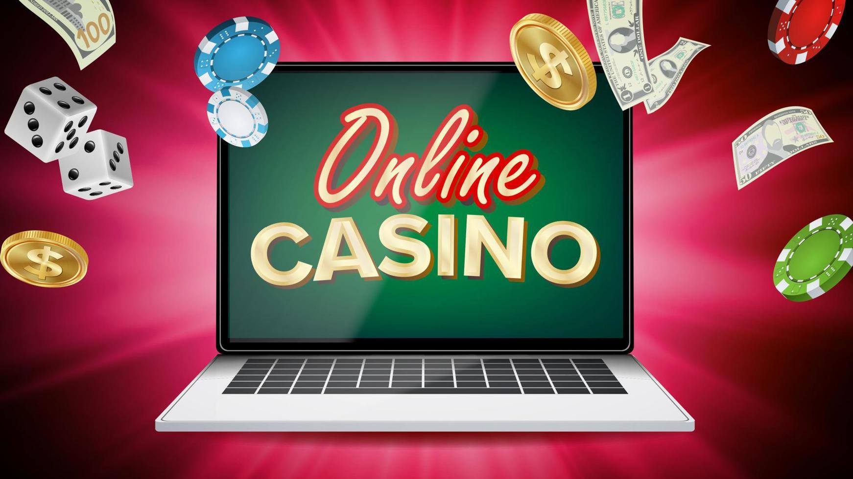 vecteur de casino en ligne. bannière avec ordinateur portable. signe d'affiche de casino de jeu de poker. panneau d'affichage de jackpot, illustration de concept de promotion.