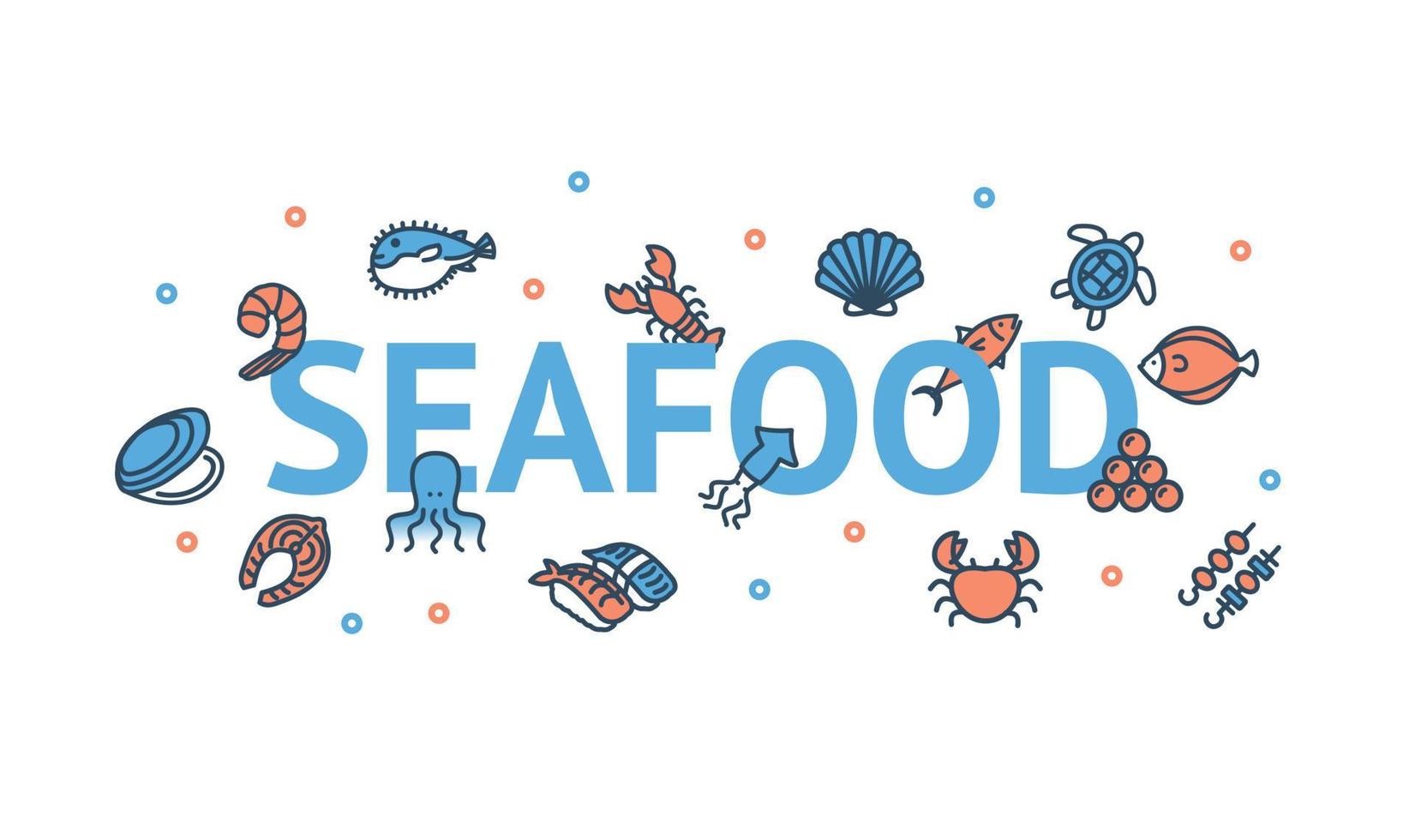 carte de bannière d'affiche de fruits de mer avec jeu d'icônes de couleur fine ligne. vecteur