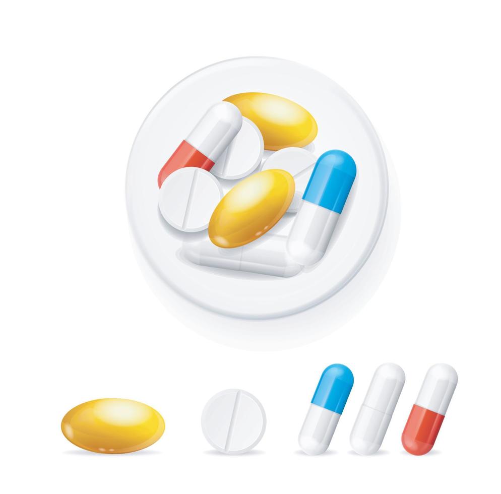 ensemble de pilules de tablette 3d détaillées réalistes. vecteur