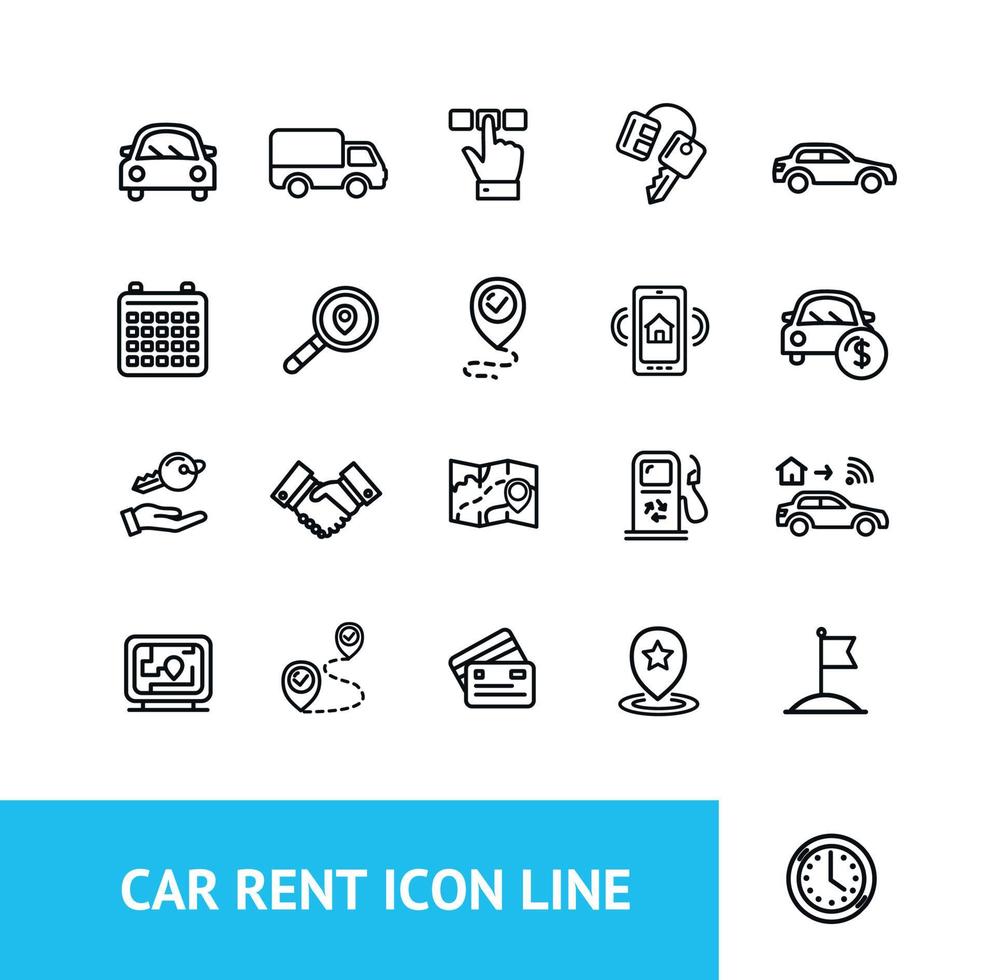 jeu d'icônes de ligne mince de signe de location de voiture. vecteur