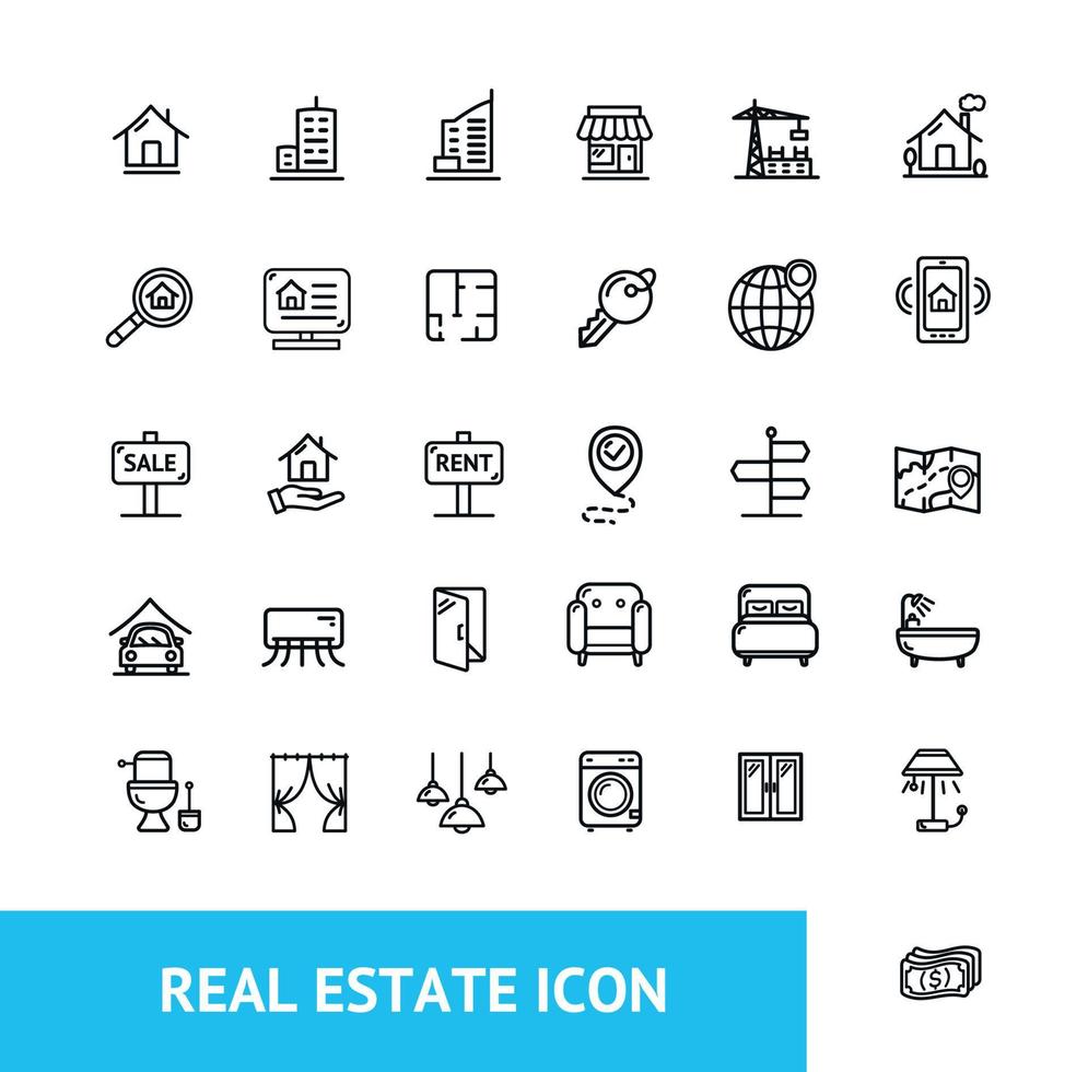 ensemble d'icônes de ligne mince de signe immobilier. vecteur