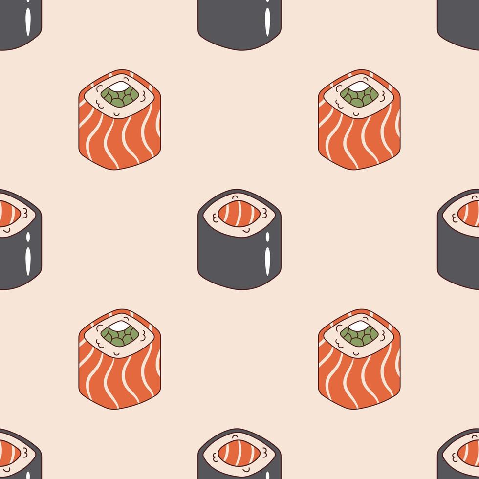 modèle sans couture de vecteur avec rouleau de sushi philadelphie et sushi maki dans un style rétro. fond avec des rouleaux de sushi des années 70. nourriture asiatique groovy.
