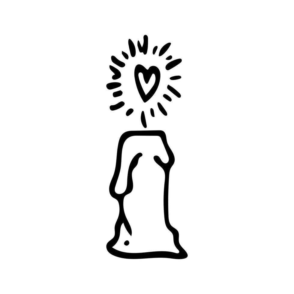 bougie dessinée à la main avec un feu en forme de coeur. clipart vectoriel de la Saint-Valentin. contour. noir et blanc.