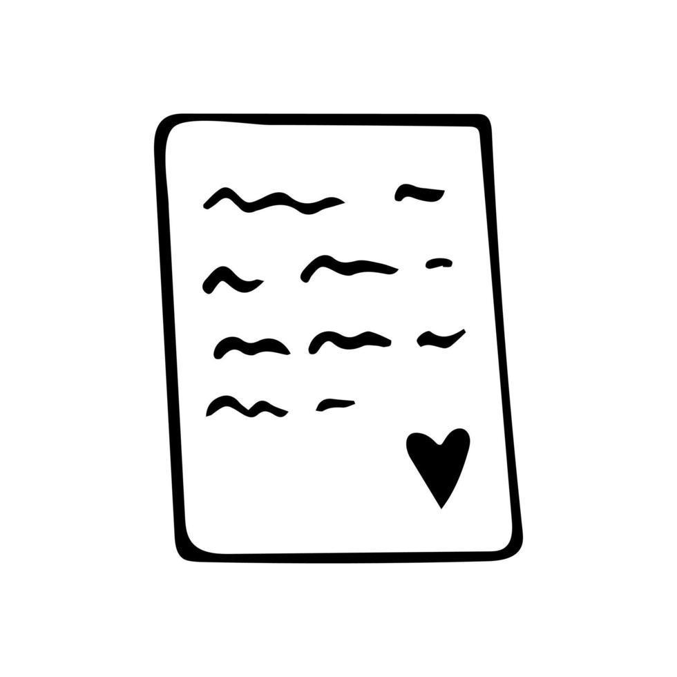 lettre d'amour doodle dessiné à la main. clipart de la Saint-Valentin. papier vectoriel avec coeur. contour.