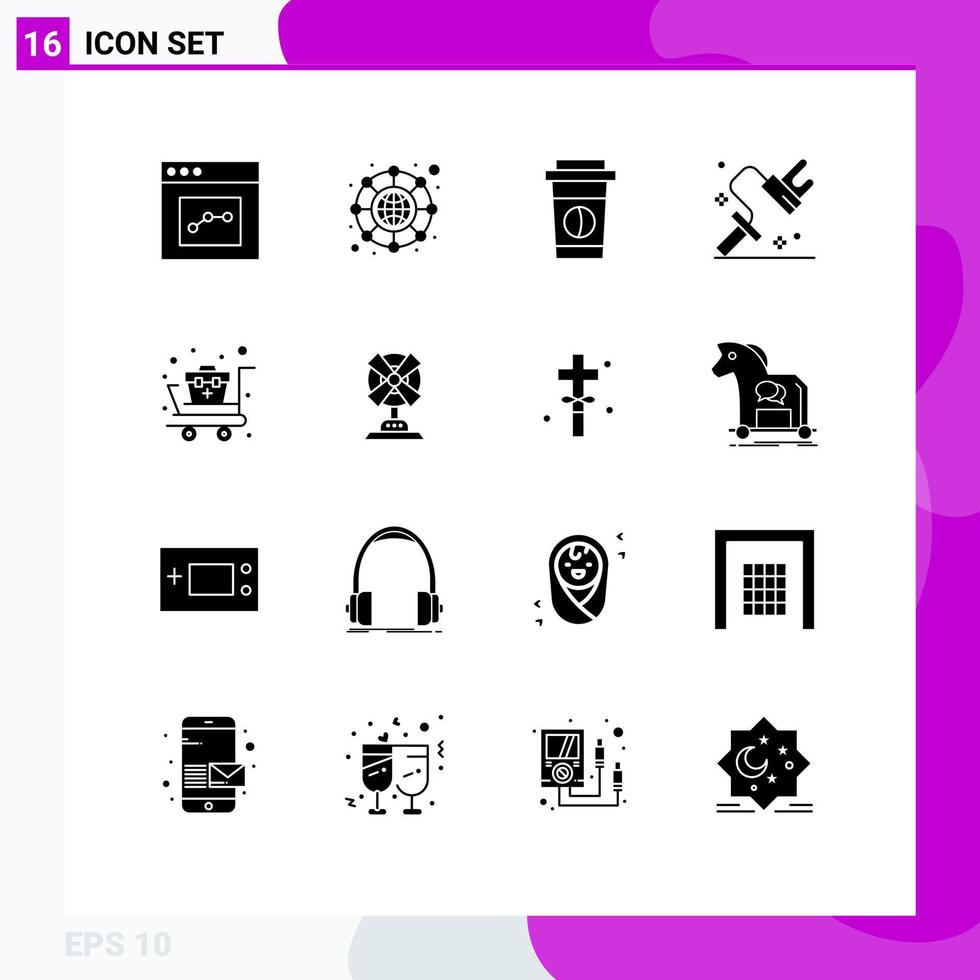 16 ensembles de glyphes solides universels pour les applications web et mobiles fournitures chariot boisson premiers soins rouleau éléments de conception vectoriels modifiables vecteur
