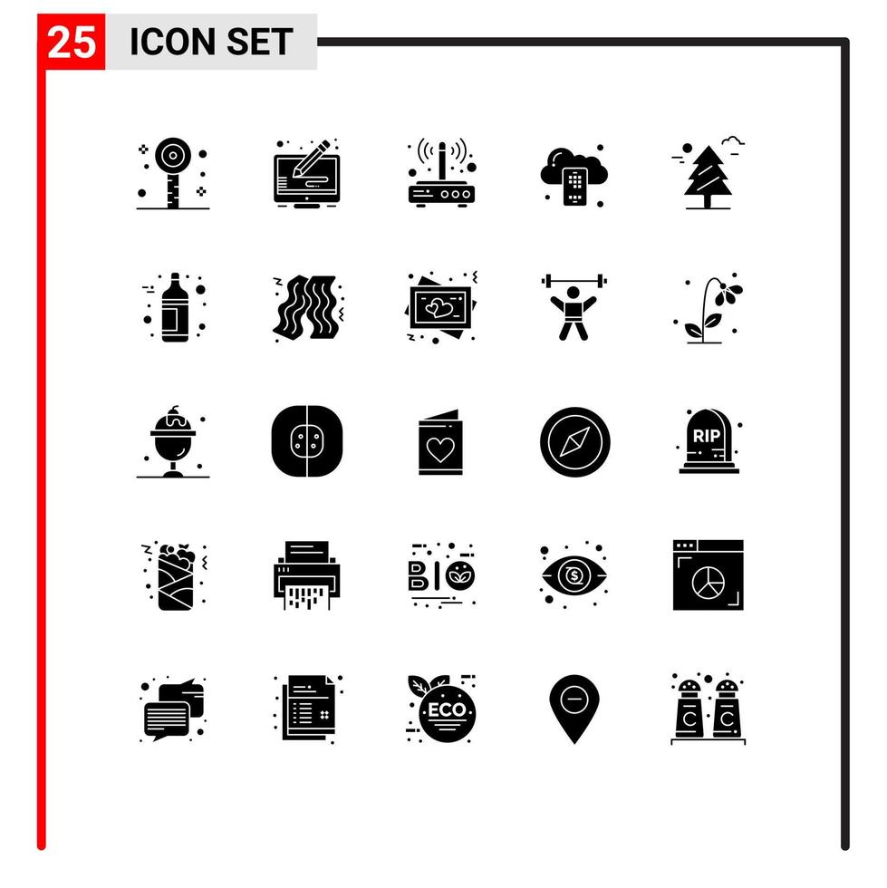 groupe de 25 signes et symboles de glyphes solides pour les éléments de conception vectoriels modifiables sans fil de nuage de modem mobile de forêt vecteur