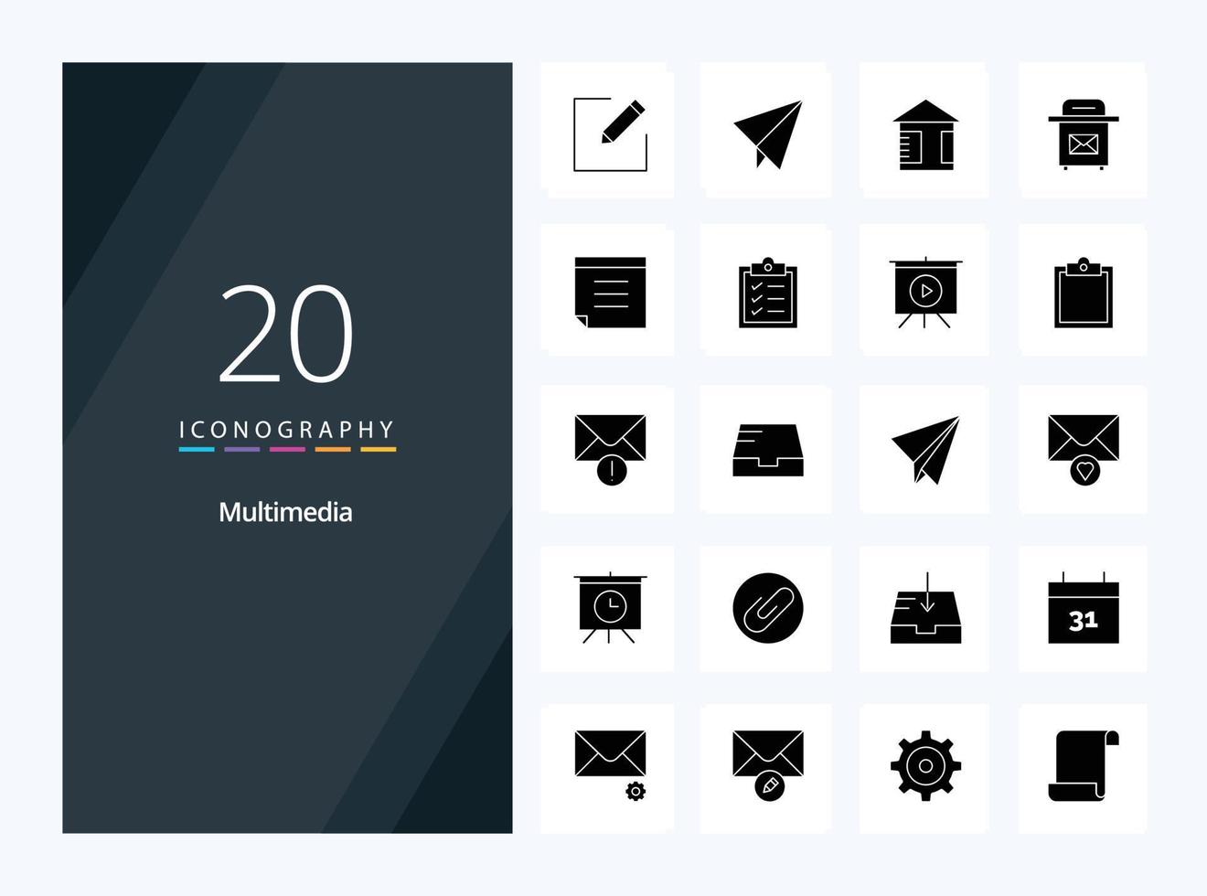 20 icône de glyphe solide multimédia pour la présentation vecteur