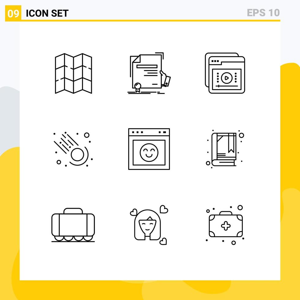 symboles d'icônes universels groupe de 9 contours modernes de didacticiels de météore de navigateur comète apprenant des éléments de conception vectoriels modifiables vecteur