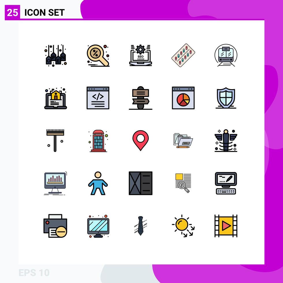 groupe de 25 signes et symboles de couleurs plates en ligne remplie pour la recherche de pilules sur tablette éléments de conception vectoriels modifiables vecteur