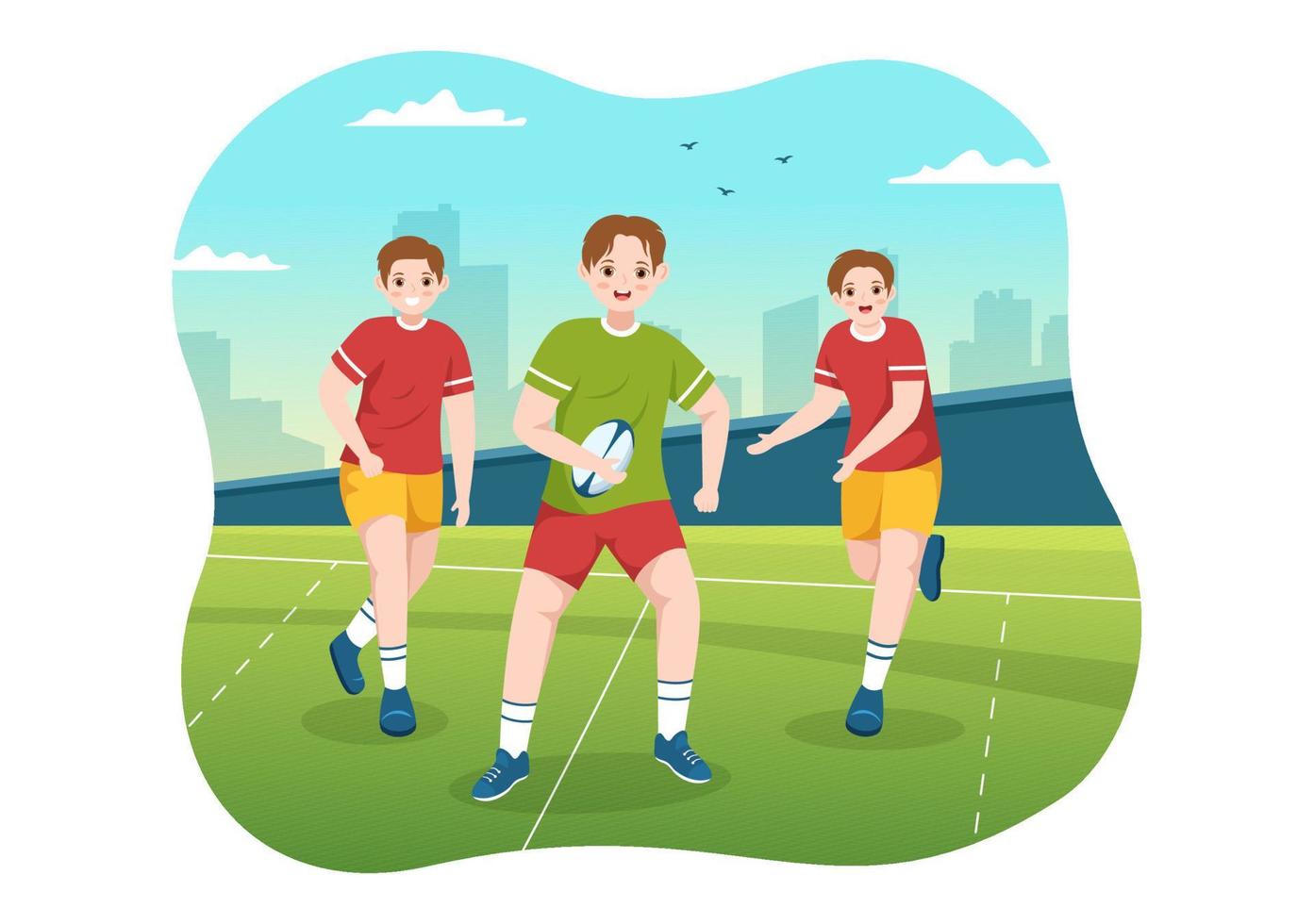 joueur de rugby en cours d'exécution illustration avec une balle dans le sport de championnat pour la bannière web ou la page de destination dans des modèles dessinés à la main de dessin animé plat vecteur