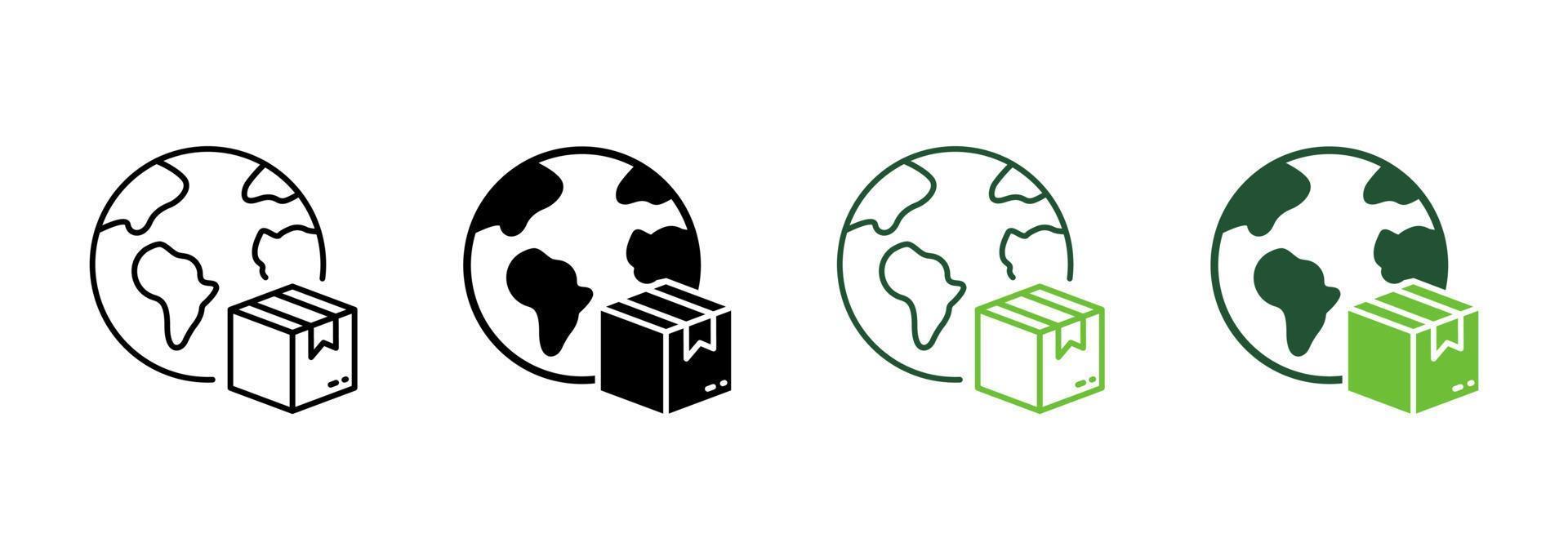 boîte de colis de livraison mondiale et silhouette de globe et icône de ligne. pictogramme international de l'industrie du transport maritime. icône mondiale de vente au détail d'importation d'exportation dans le monde entier. trait modifiable. illustration vectorielle isolée. vecteur