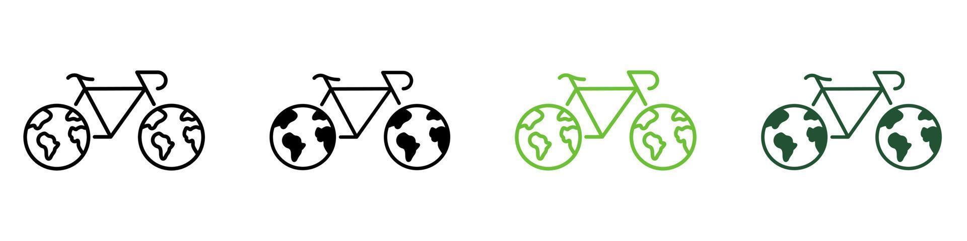 vélo avec roues dans la ligne de forme de la planète terre et jeu de couleurs d'icône de silhouette. pictogramme. collection de symboles de transport respectueux de l'environnement sur fond blanc. vélo écologique. illustration vectorielle isolée. vecteur