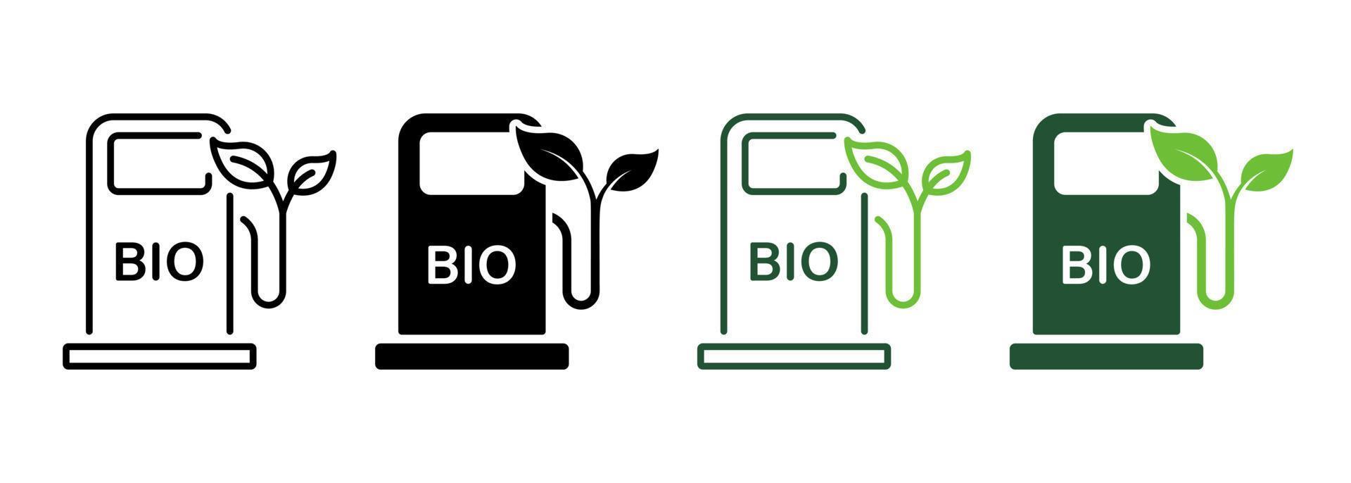 ligne de station d'énergie bio et jeu de couleurs d'icône de silhouette. station diesel écologique. huile organique dans le symbole de la pompe à essence sur fond blanc. biocarburant naturel gaz alternatif. illustration vectorielle isolée. vecteur