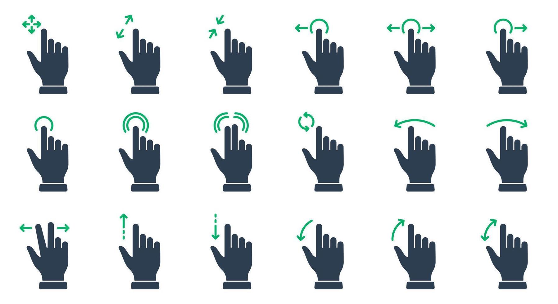 toucher du doigt de la main, glisser et faire glisser le jeu d'icônes de silhouette. pincez l'écran, faites pivoter vers le haut sur l'icône du téléphone mobile de la tablette. pictogramme de glyphe gauche et droite de diapositive de geste. illustration vectorielle isolée. vecteur