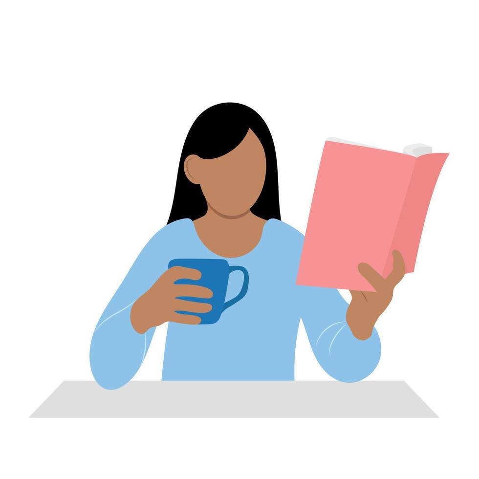 portrait d'une fille indienne avec une tasse et un livre dans ses mains à la table, vecteur plat, isolé sur blanc, illustration sans visage