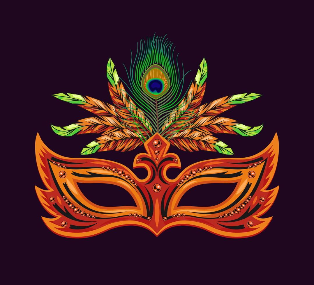 masque de carnaval orange orné de perles, faisceau de plumes colorées. illustration détaillée dans un style vintage vecteur