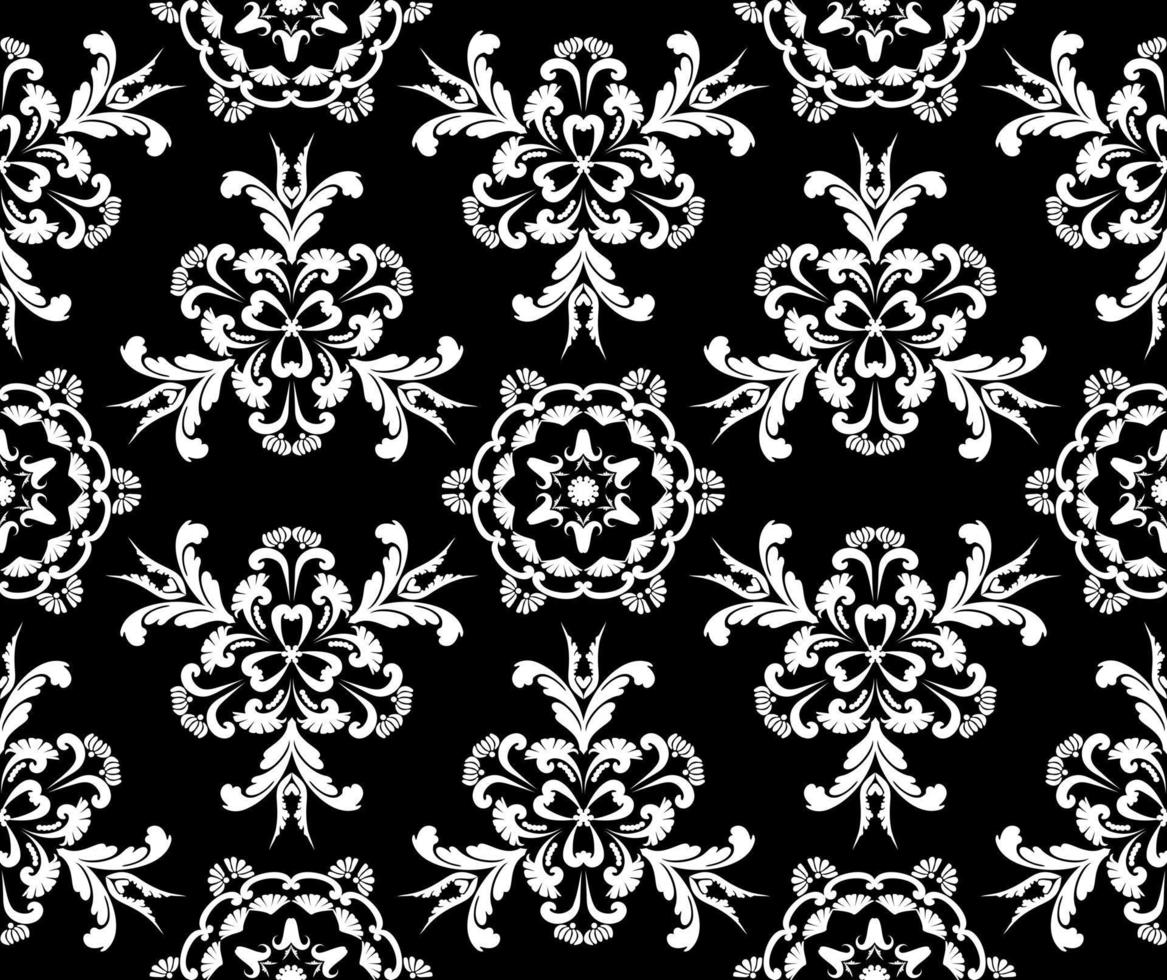 modèle vectoriel avec des fleurs rococo blanches sur fond noir. damassé victorienne vintage. motif abstrait sans soudure. pour les textiles, les carreaux de papier peint ou les emballages.