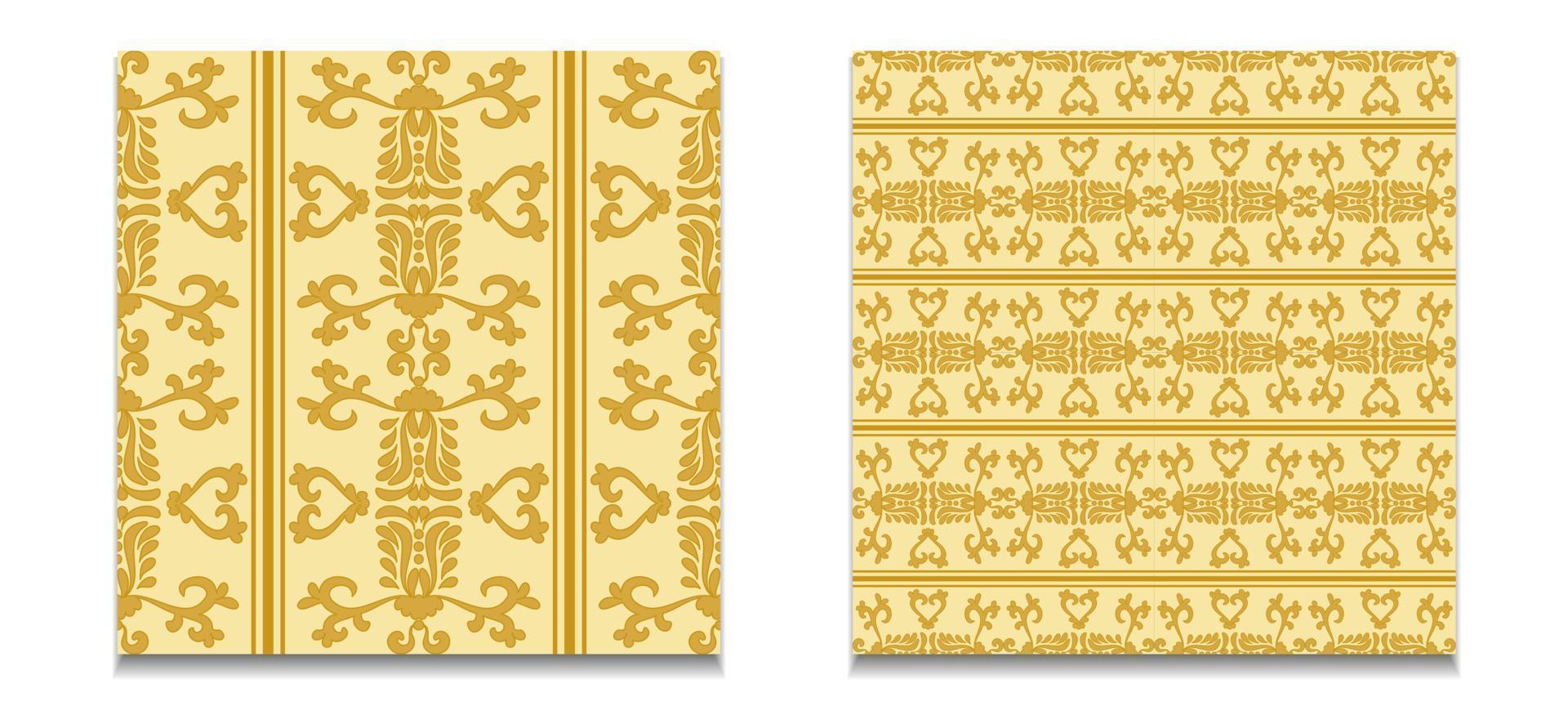 deux motifs vectoriels continus de motifs damassés dorés. ornement sans couture vintage. or, jaune. graphiques vectoriels. pour le tissu, le carrelage, le papier peint ou l'emballage. vecteur