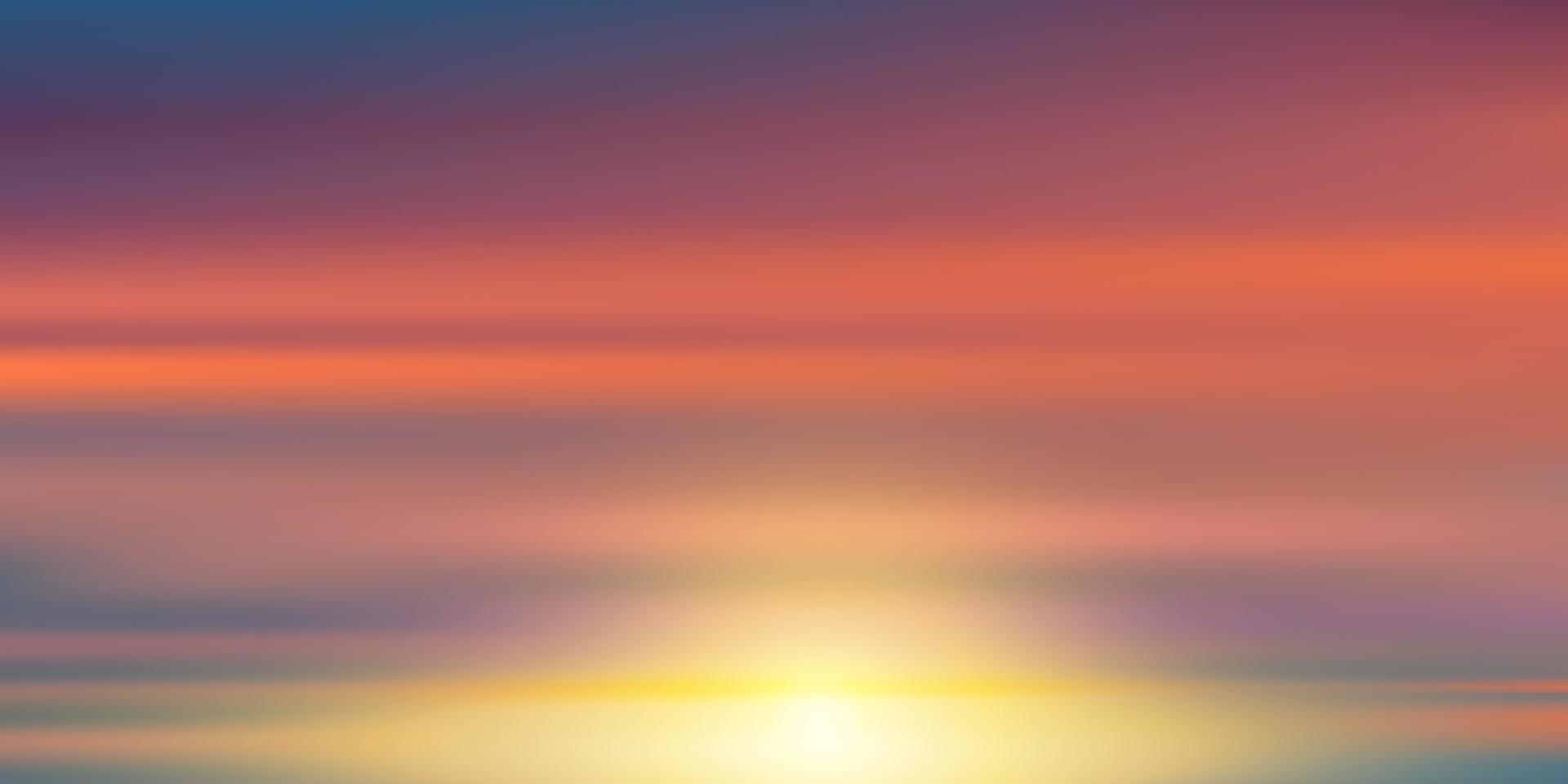 soirée coucher de soleil ciel avec couleur orange, jaune, rose, violet, bleu, paysage crépusculaire dramatique de l'heure d'or, bannière vectorielle ciel romantique horizontal du lever du soleil ou de la lumière du soleil pour le fond des quatre saisons. vecteur