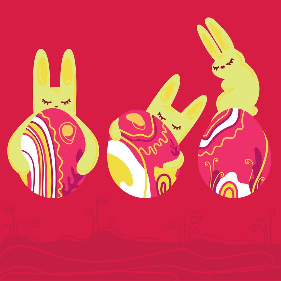 concept de joyeuses pâques.trois lapins de pâques avec des oeufs colorés, illustration vectorielle de fond de couleur viva magenta à la mode. bannière abstraite moderne, affiche, arrière-plan, impression, modèle de carte de voeux. vecteur