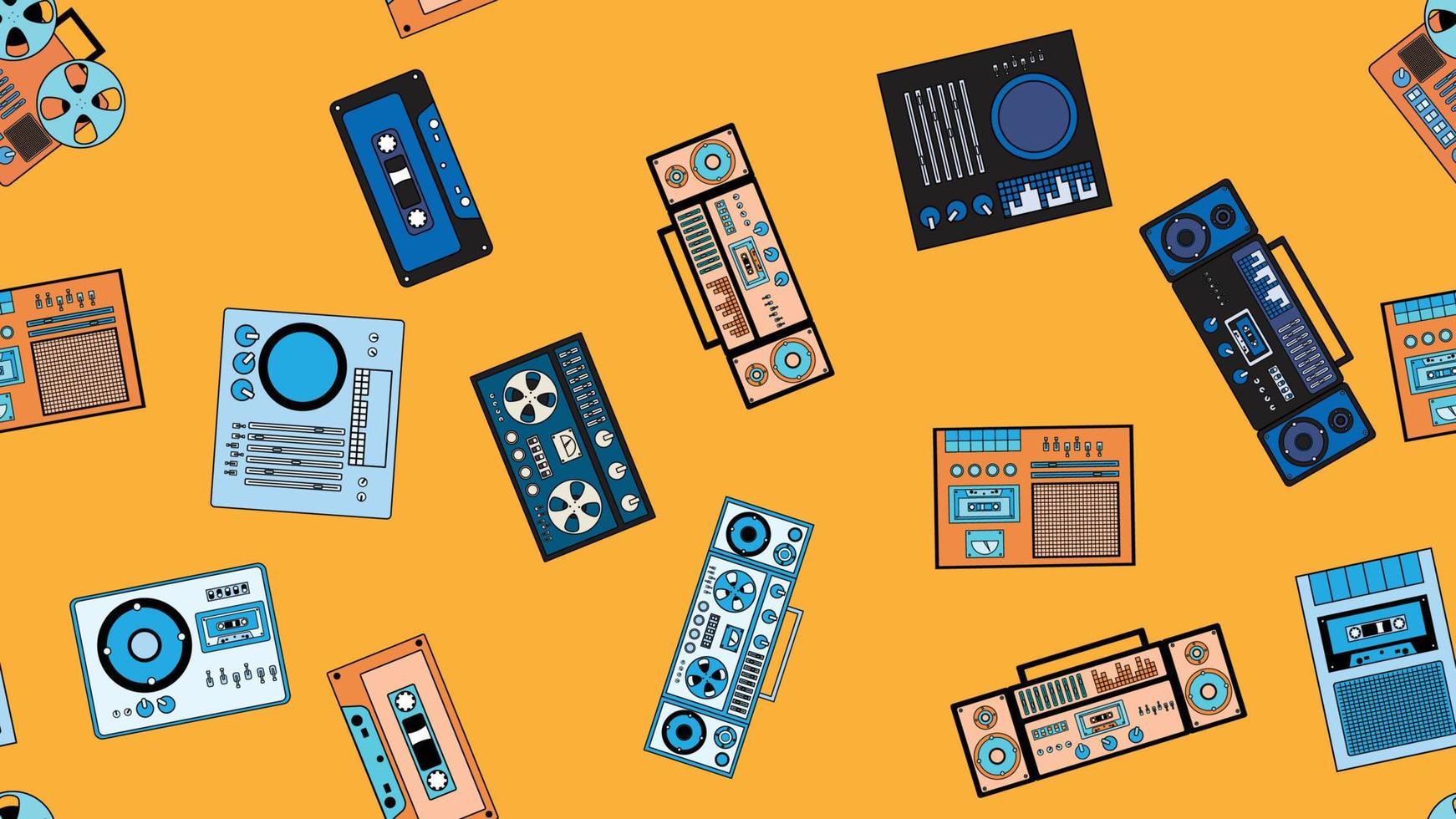 modèle sans couture sans fin avec équipement électronique de technologie audio de musique ancien hipster vintage rétro des années 70, 80, 90 isolé sur fond jaune. illustration vectorielle vecteur