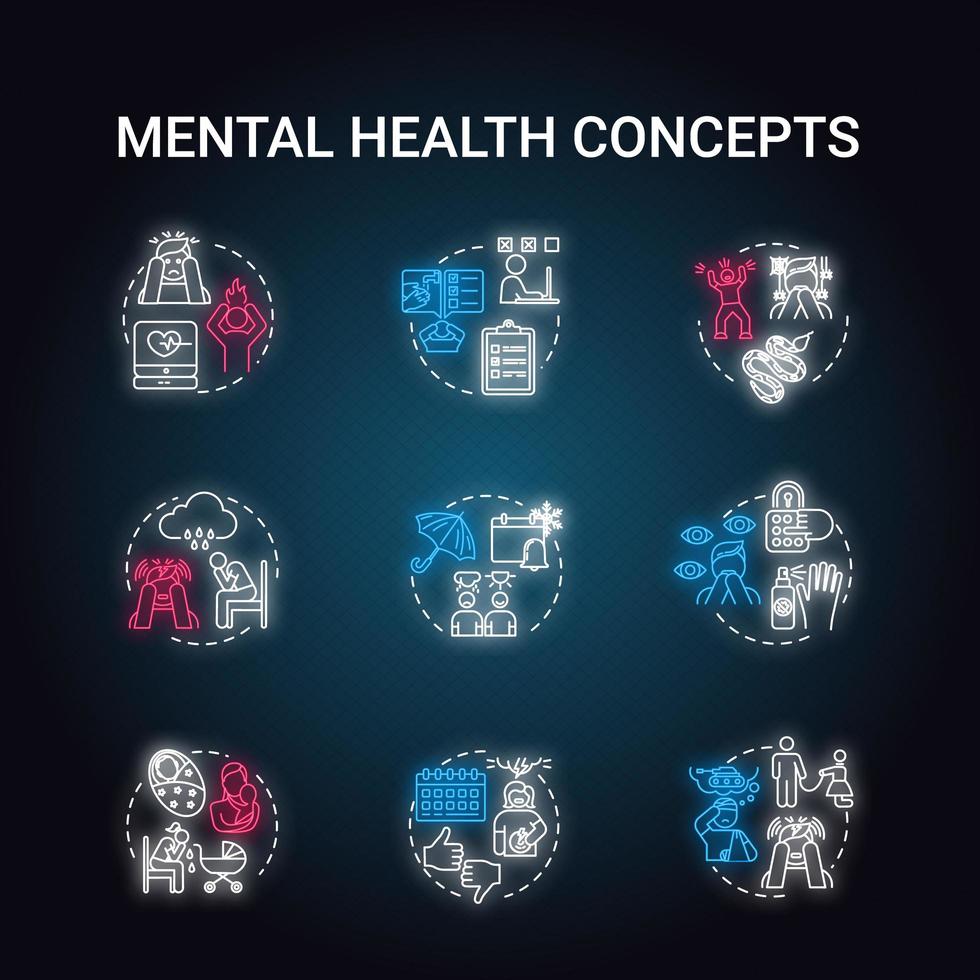 jeu d'icônes de concept de néon de santé mentale. vecteur