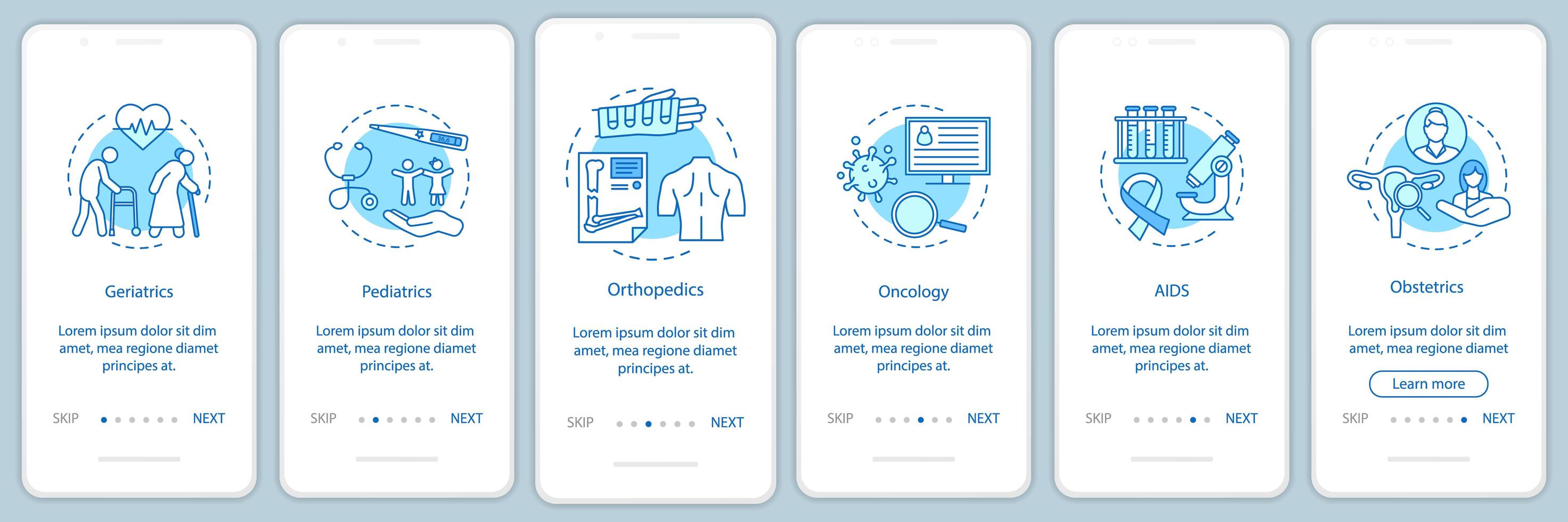 Écran de la page de l'application mobile d'intégration du service médical vecteur