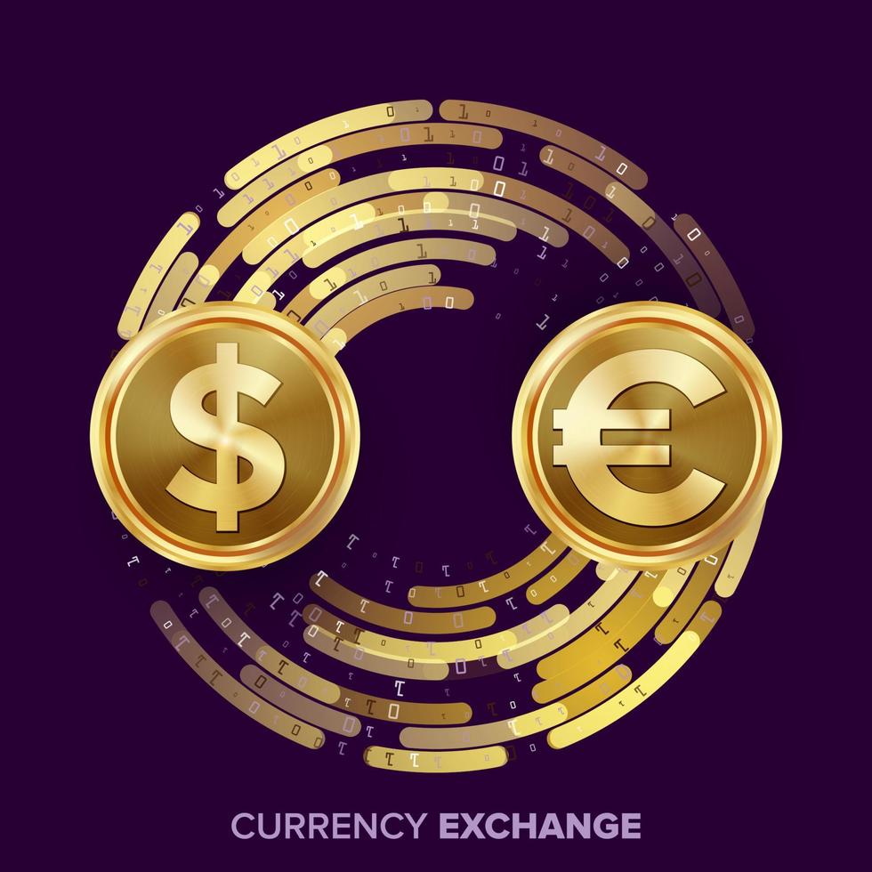 vecteur de change de monnaie d'argent. dollars, euros. pièces d'or avec flux numérique. opération commerciale de conversion pour l'investissement des entreprises, les voyages. illustration de concept financier ou bancaire