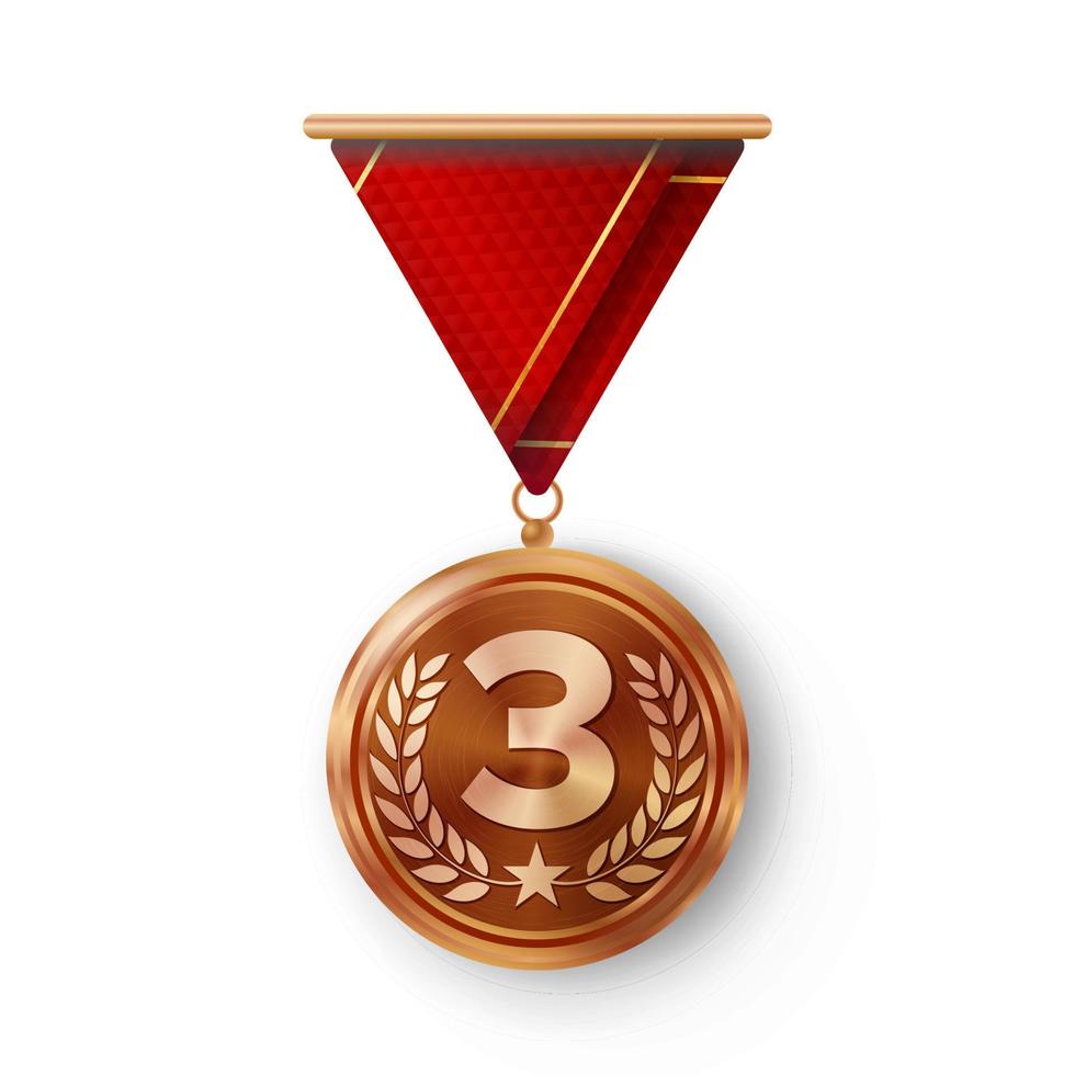 vecteur de médaille de bronze. réalisation de troisième placement réaliste en métal. médaille ronde avec ruban rouge, détail en relief d'une couronne de laurier et d'une étoile. jeu de compétition médaille de bronze. trophée du vainqueur