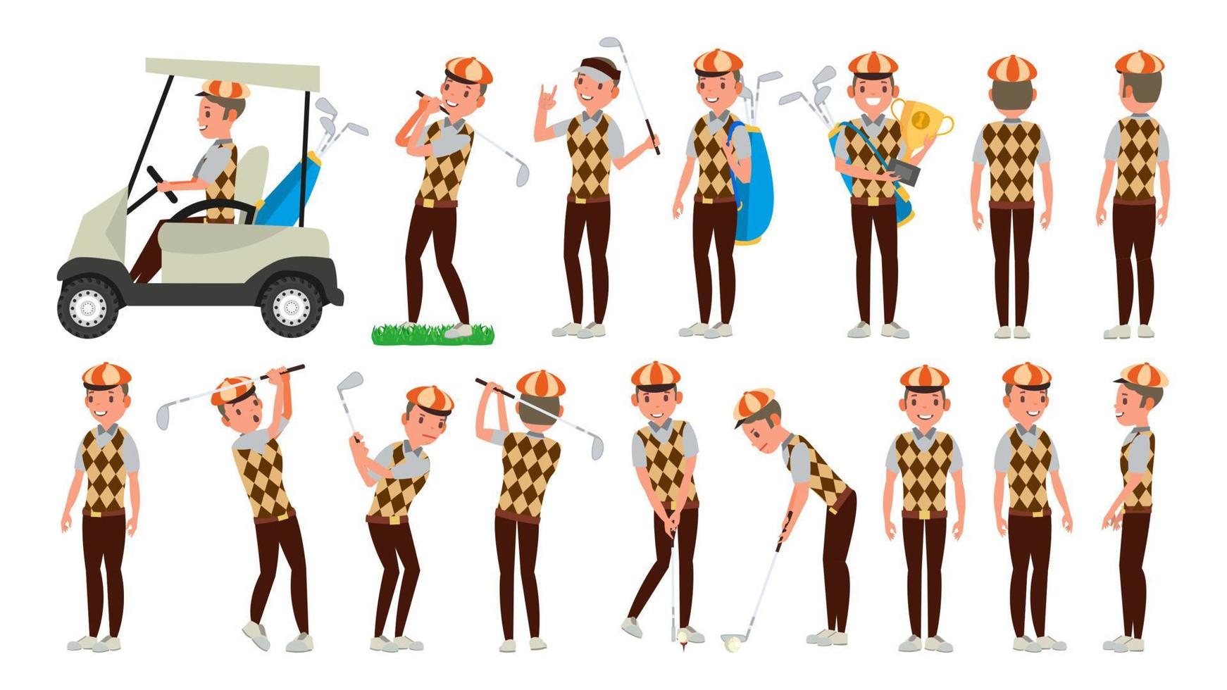 vecteur de joueur de golf classique. swing shot sur le parcours. différentes poses. illustration de dessin animé plat