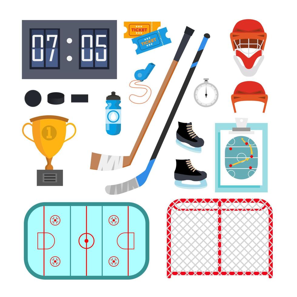 icônes de hockey sur glace définies vecteur. symboles et accessoires de hockey sur glace. illustration de dessin animé plat isolé vecteur