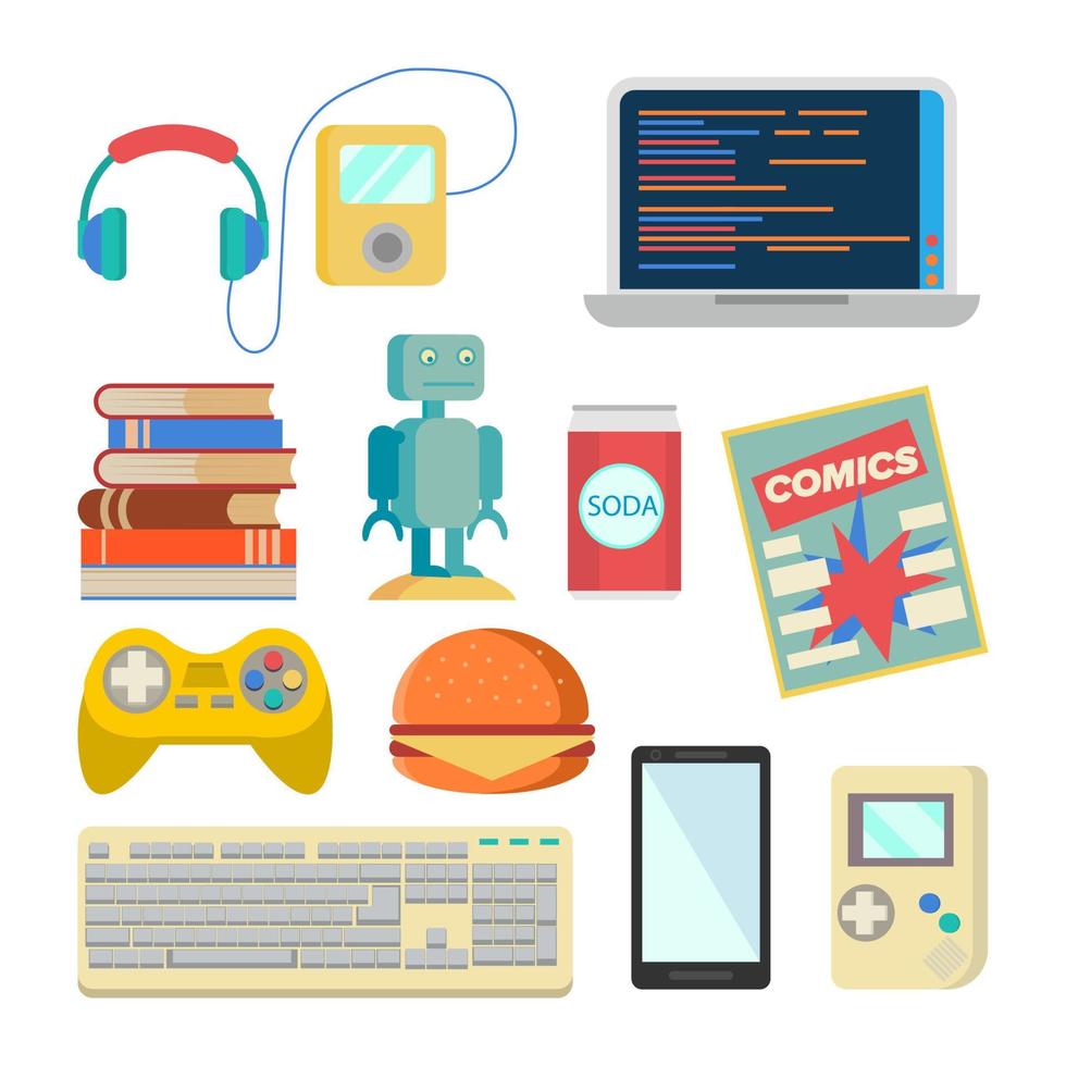 les éléments de nerd définissent le vecteur. accessoires geeks. écouteurs, lecteur, ordinateur portable, robot, jouet, téléphone, clavier, tetris, bandes dessinées, soda, burger, livres. illustration de dessin animé plat isolé vecteur