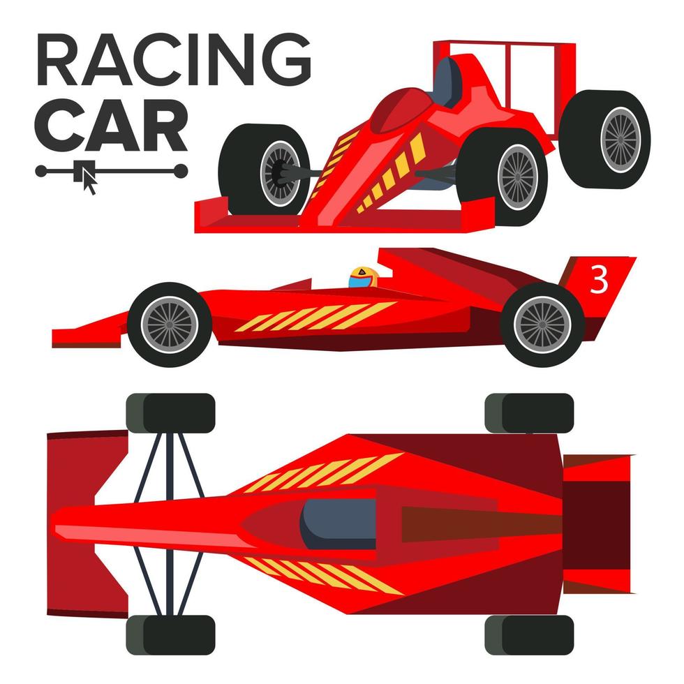 vecteur bolide de voiture de course. voiture de course rouge sport. vue de face, de côté, de dos. dessin automatique. illustration