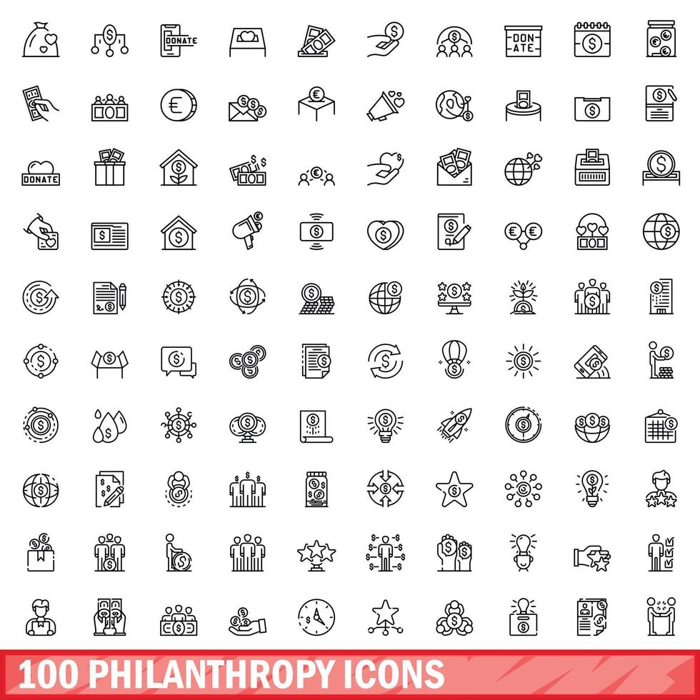 Ensemble de 100 icônes de philanthropie, style de contour vecteur