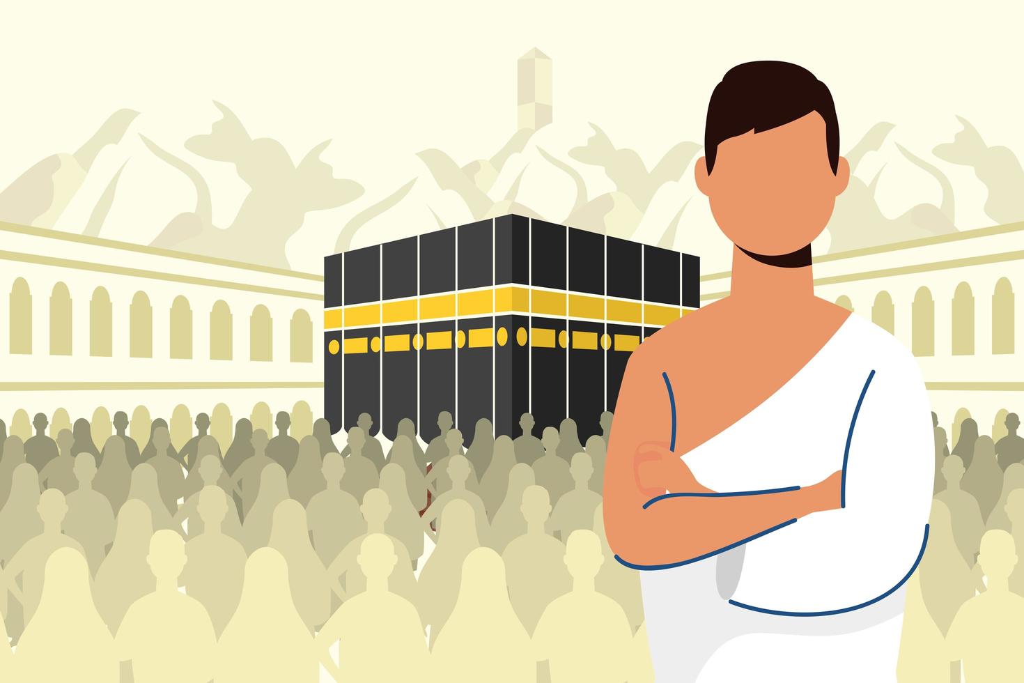 Célébration de pèlerinage hajj avec un homme dans une scène de kaaba vecteur