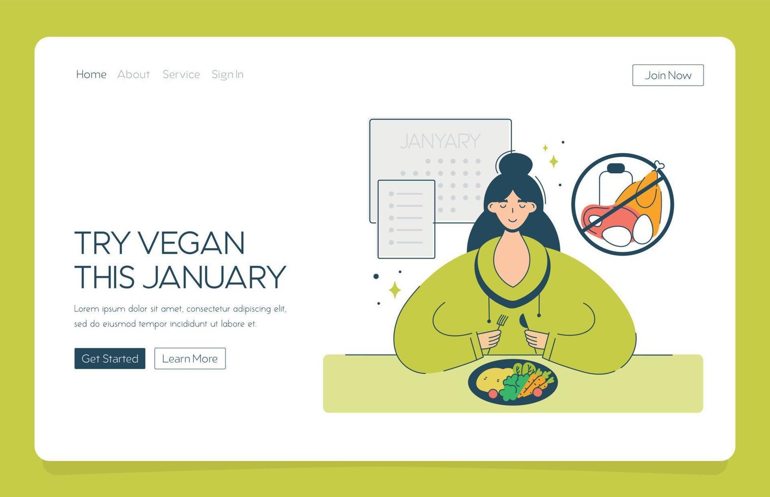 application web atterrissant une femme heureuse commence un régime végétarien en janvier. le concept de véganisme, défi annuel veganuary encourageant les gens à suivre un mode de vie végétalien. vecteur