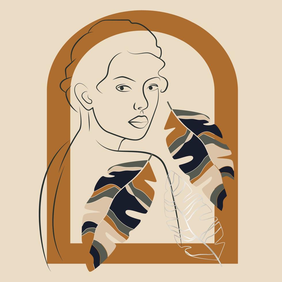 silhouette de femme esthétique moderne avec illustration de feuilles. décoration murale style bohème. collection d'affiches artistiques contemporaines. vecteur